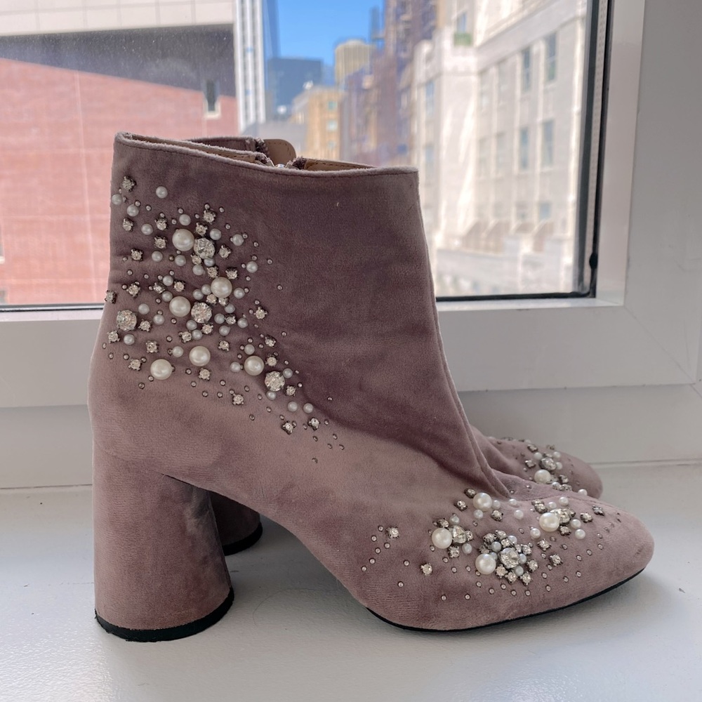 Zara Mauve Suede Pearl & Crystal Embellished Block Heel Ankle Boots